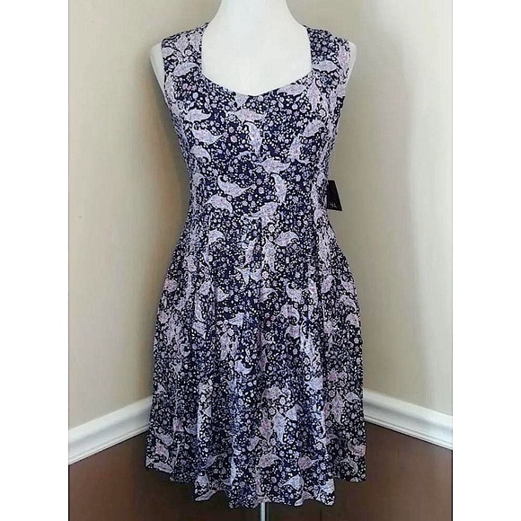 Navy Blue Ivory & Red Floral Paisley Skater Dress with Pockets Modcloth Ixia NEW - Picture 2 of 9